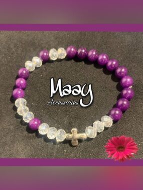 Maay Accessories Purple & Clear Beaded Cross Stretch Bracelet